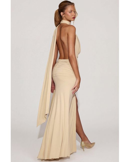 Oh Polly Natural Soft-Jersey Plunge Halterneck Maxi Dress