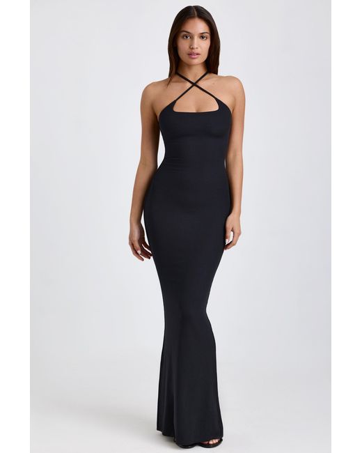 Oh Polly Black Ribbed Modal Halterneck Maxi Dress