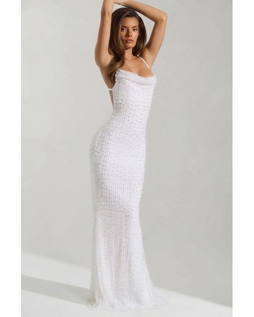 Oh Polly White Embellished Cowl-Neck Backless Maxi Dress