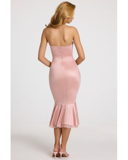 Oh Polly Pink Satin Lace-Trim Bandeau Fluted Midaxi Dress