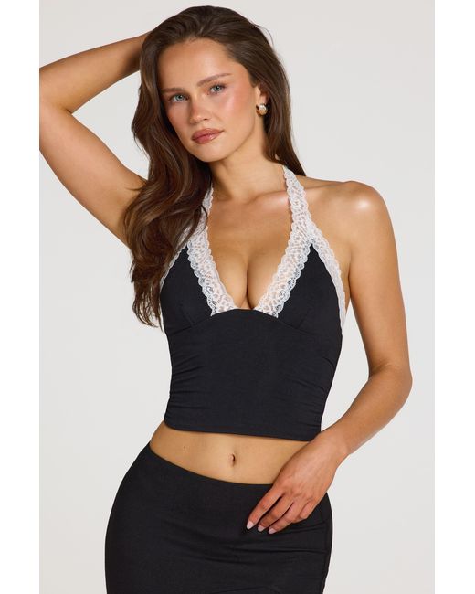 Oh Polly Black Modal Lace-Trim Halterneck Top