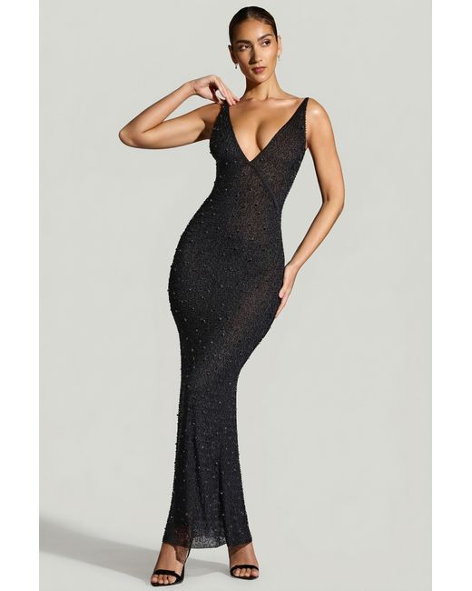 Oh Polly Black Embellished Plunge Neck Evening Gown