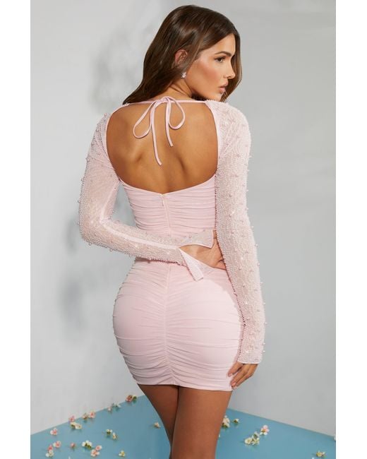 Oh Polly Pink Embellished Long Sleeve Mini Dress