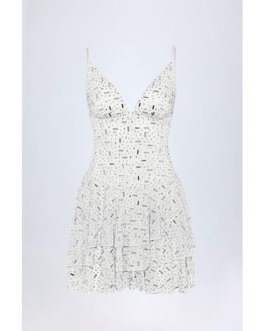 Oh Polly White Embellished Ruffled Tiered Mini Dress