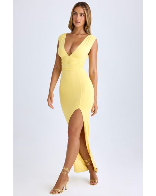 Oh Polly Yellow Modal Plunge-Neck Thigh-Split Maxi Dress