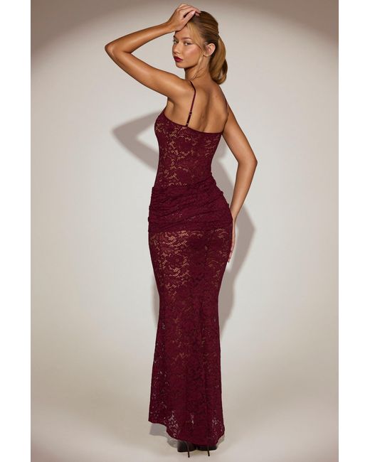 Oh Polly Red Sheer Lace Square-Neck Ruched Gown