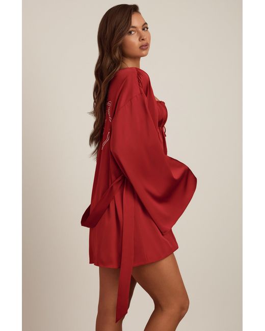 Oh Polly Red Embellished Loose-Fit Wrap-Over Robe