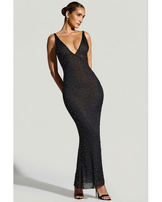 Oh Polly Black Embellished Plunge Neck Evening Gown