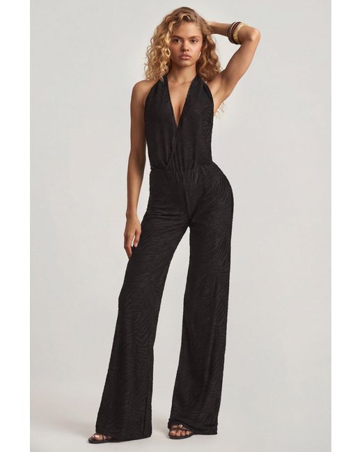 Oh Polly Black Devoré Halterneck Open-Back Jumpsuit