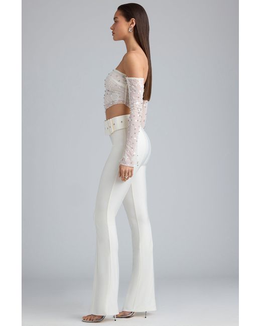 Oh Polly White Metallic Belted Mid-Rise Flared Trousers