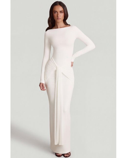 Oh Polly White Soft Jersey Boat-Neck Tie-Gather Maxi Dress
