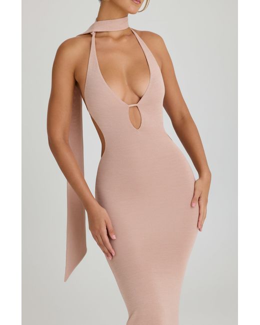 Oh Polly Pink Scarf-Detail Cut-Out Halterneck Maxi Dress