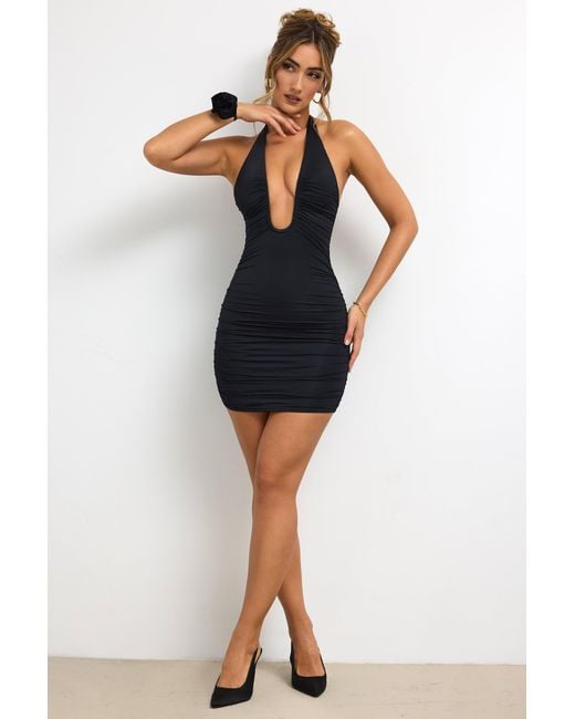 Oh Polly Black Slinky Jersey Plunge Neck Ruched Mini Dress