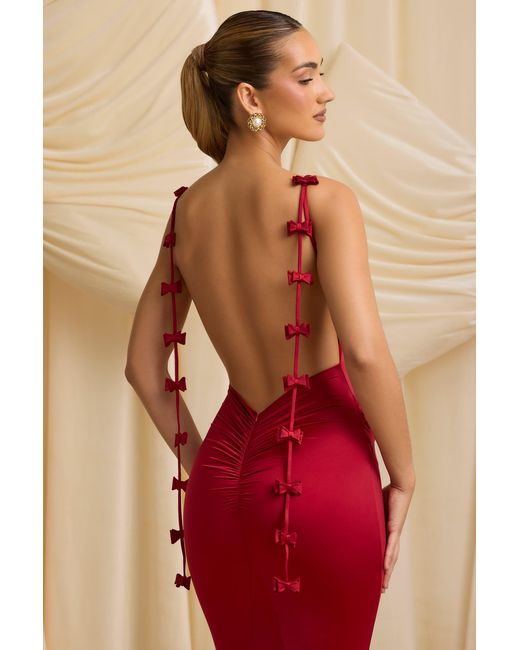 Oh Polly Red Bow-Detail Draped Open-Back Gown