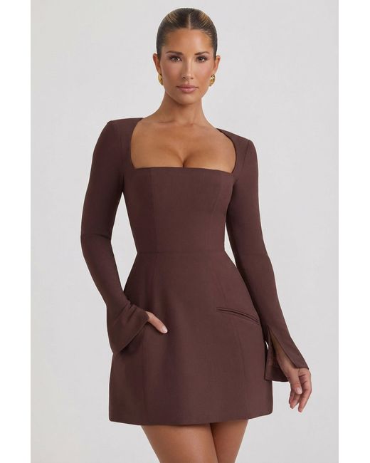 Oh Polly Brown Square-Neck Structured Tulip Mini Dress