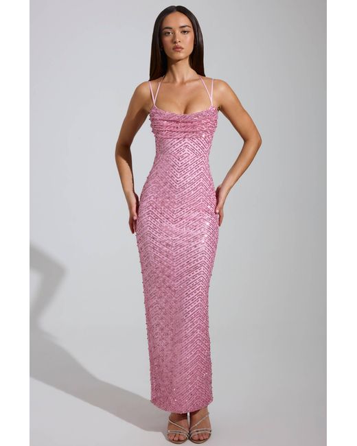 Oh Polly Pink Embellished Cowl-Neck Maxi Dress