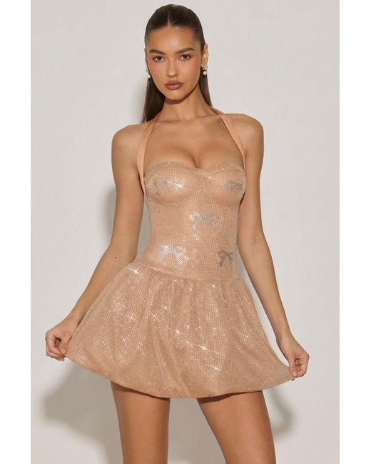 Oh Polly Natural Embellished Halterneck Bubble Hem Mini Dress