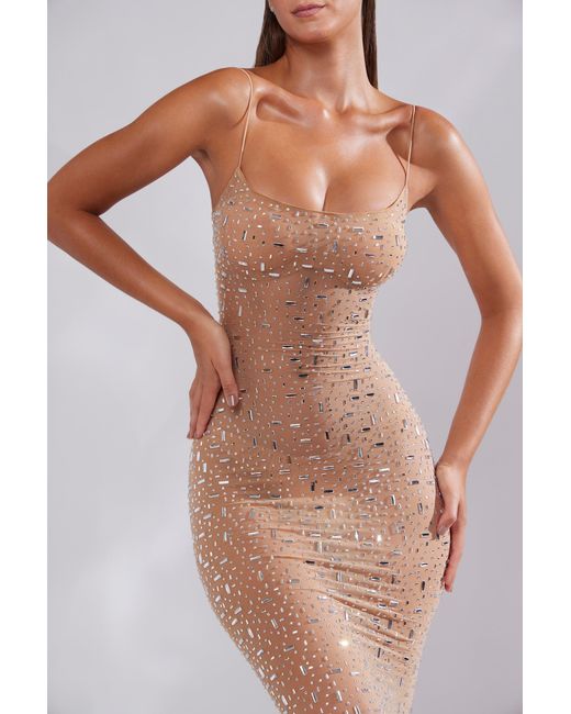 Oh Polly Natural Sheer Embellished Scoop Neck Evening Gown