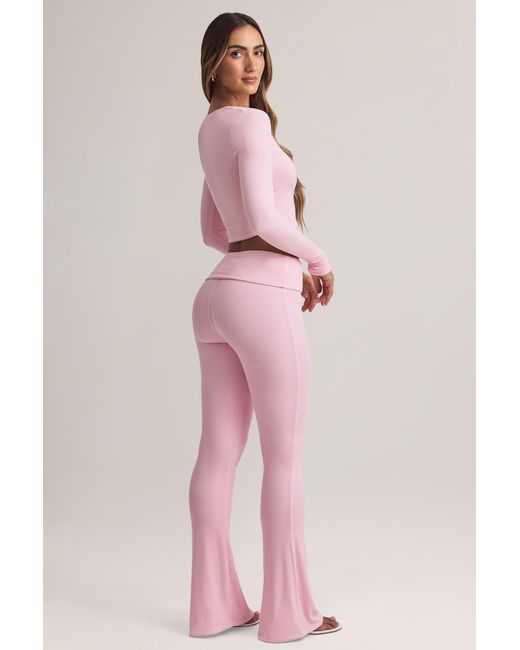 Oh Polly Pink Modal Foldover Mid-Rise Flared Trousers