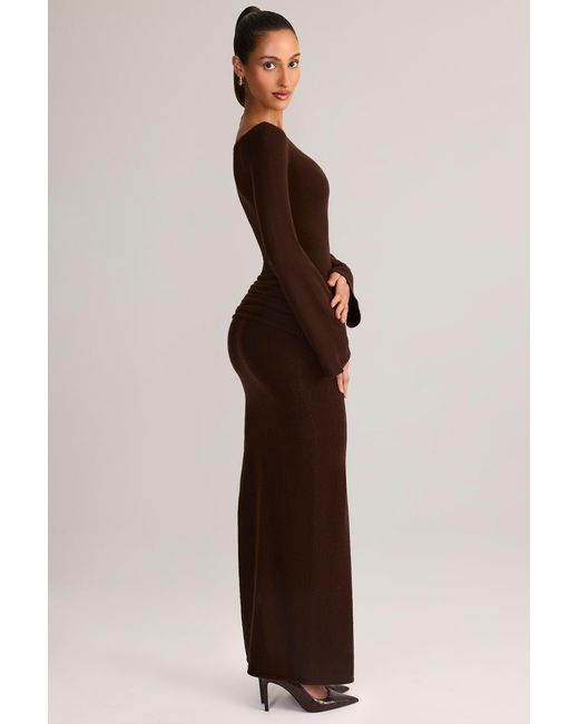 Oh Polly Brown Rib-Knit Boat-Neck Long-Sleeve Maxi Dress