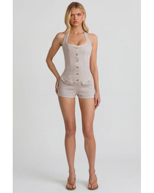 Oh Polly Natural Button-Down Halterneck Playsuit