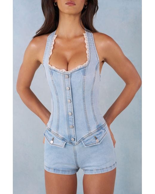 Oh Polly Blue Button-Down Halterneck Playsuit