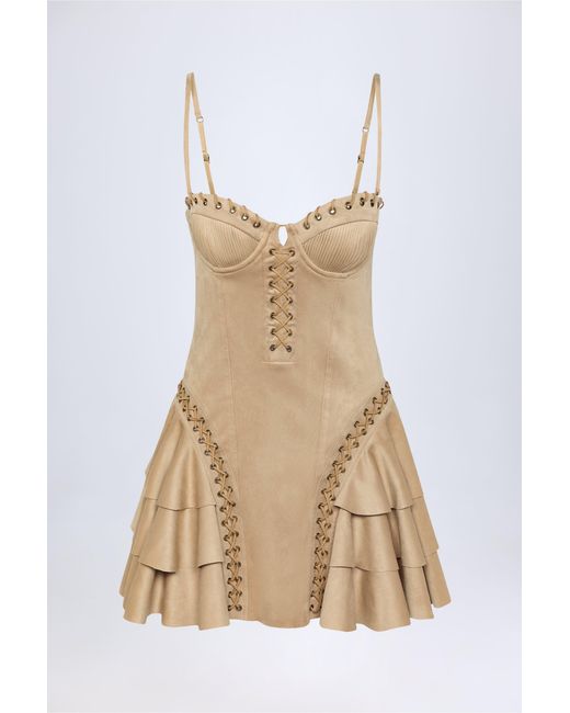 Women's Brown Lace-Up Tiered Corset Mini Dress