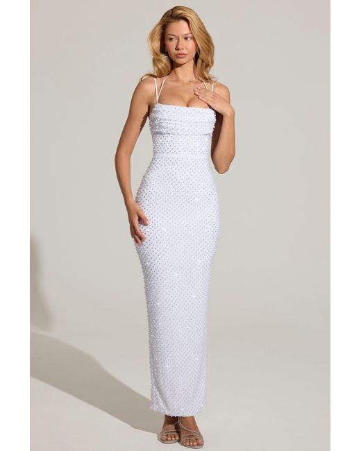 Oh Polly White Embellished Cowl-Neck Maxi Dress