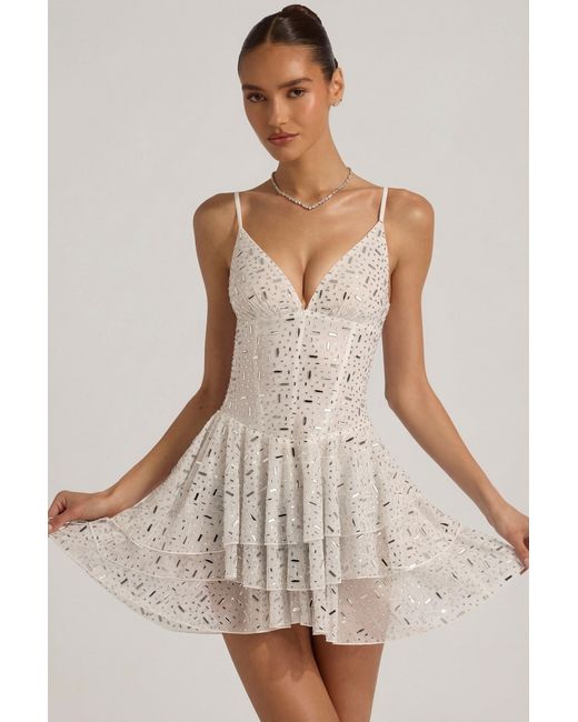Oh Polly White Embellished Ruffled Tiered Mini Dress