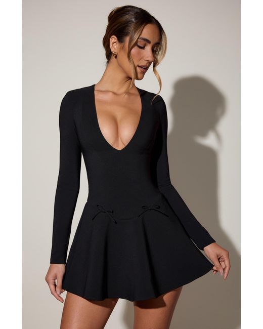Oh Polly Black Bow-Detail Plunge-Neck A-Line Mini Dress