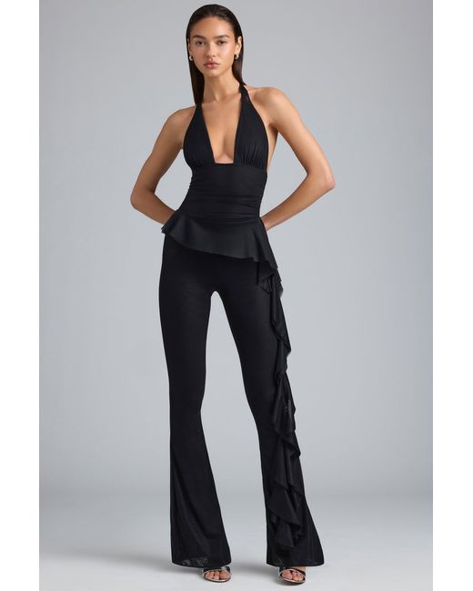 Oh Polly Black Metallic Ruffle Low-Rise Flared Trousers