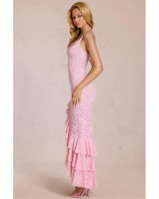Oh Polly Pink Lace Ruffle Maxi Dress