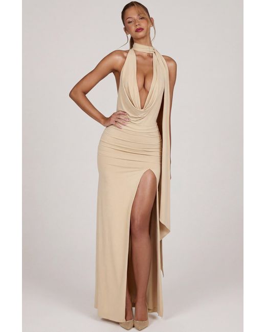 Oh Polly Natural Soft-Jersey Plunge Halterneck Maxi Dress
