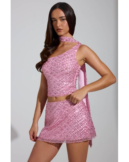 Oh Polly Pink Embellished Asymmetric Scarf-Detail Top