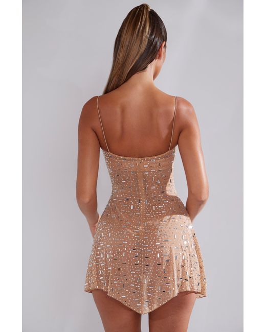 Oh Polly Natural Sheer Embellished Scoop Neck Mini Dress