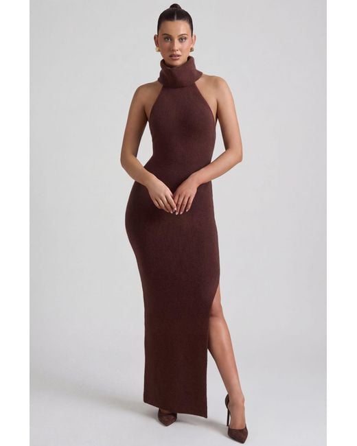 Oh Polly Brown Ribbed-Knit Turtleneck Backless Maxi Dress