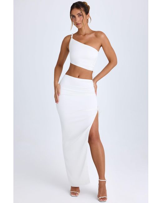 Oh Polly White Ruched Asymmetric-Waist Maxi Skirt