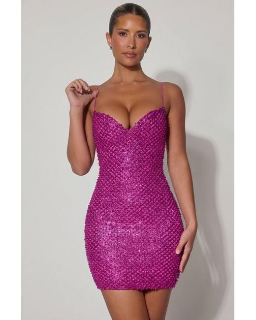 Oh Polly Pink Embellished Sweetheart-Neck Mini Dress