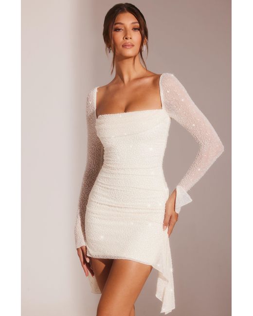 Oh Polly White Long Sleeve Embellished Cowl Neck Mini Dress