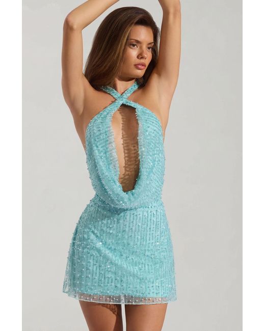Oh Polly Blue Embellished Cowl-Neck Backless Mini Dress