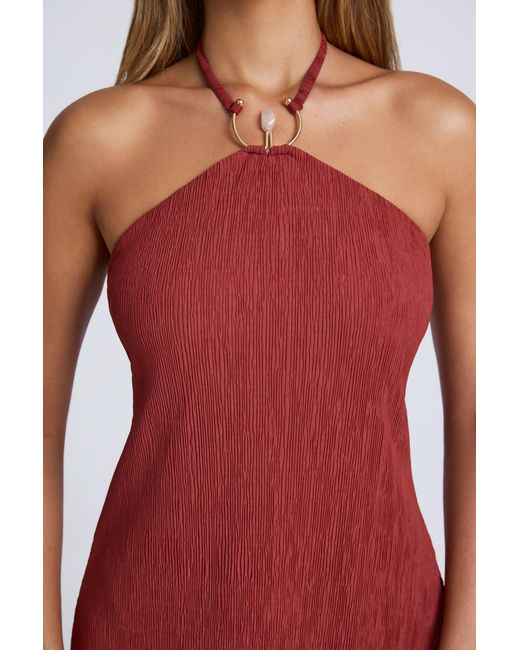 Oh Polly Brown Hardware Detail Open-Back Halterneck Micro Mini Dress