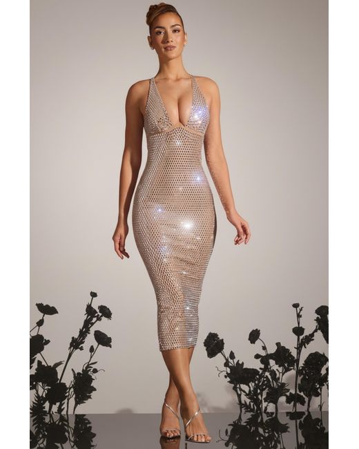 Oh Polly Natural Embellished Plunge Midaxi Dress