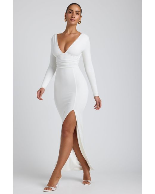 Oh Polly White Modal Plunge Neck Long Sleeve Maxi Dress