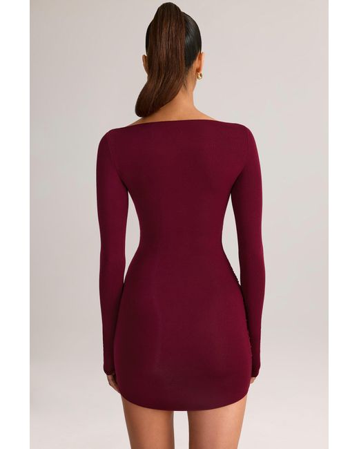 Oh Polly Red Modal Boat-Neck Draped Long-Sleeve Mini Dress