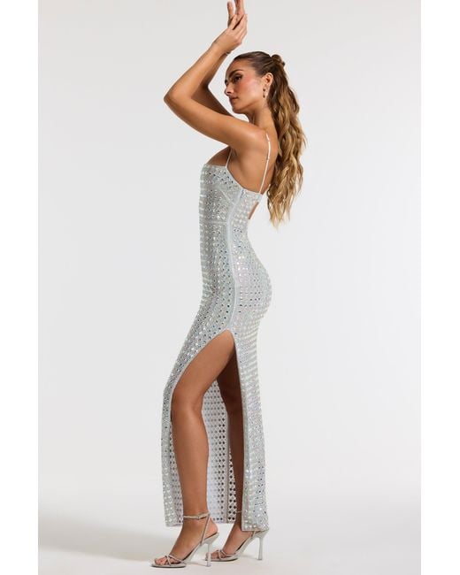 Oh Polly White Embellished Square Neck Thigh Split Gown