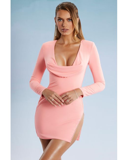 Oh Polly Pink Cowl Neck Thigh Split Mini Dress