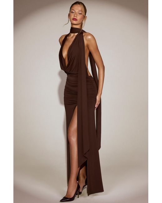 Oh Polly Brown Soft-Jersey Plunge Halterneck Maxi Dress