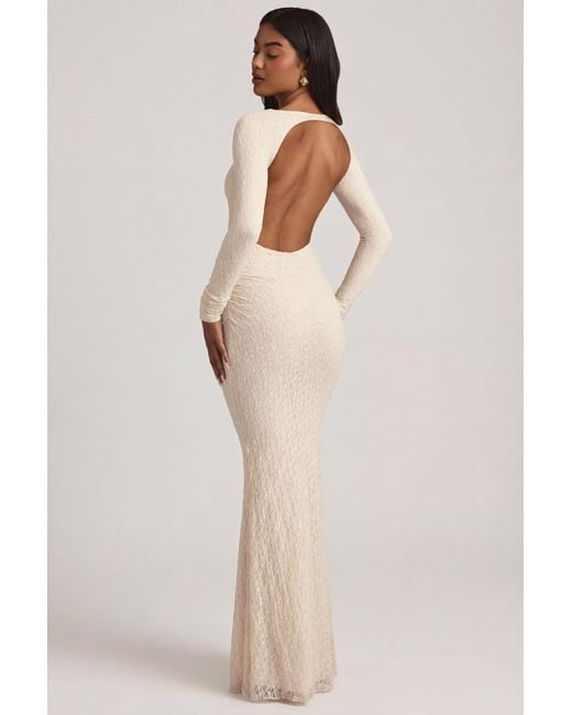 Oh Polly White Ruched Backless Lace Maxi Dress