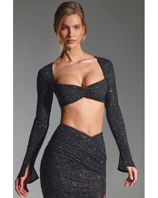 Oh Polly Black Embellished Long-Sleeve Crop Top