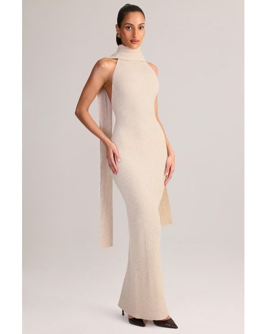 Oh Polly White Rib-Knit Scarf-Detail Halterneck Maxi Dress